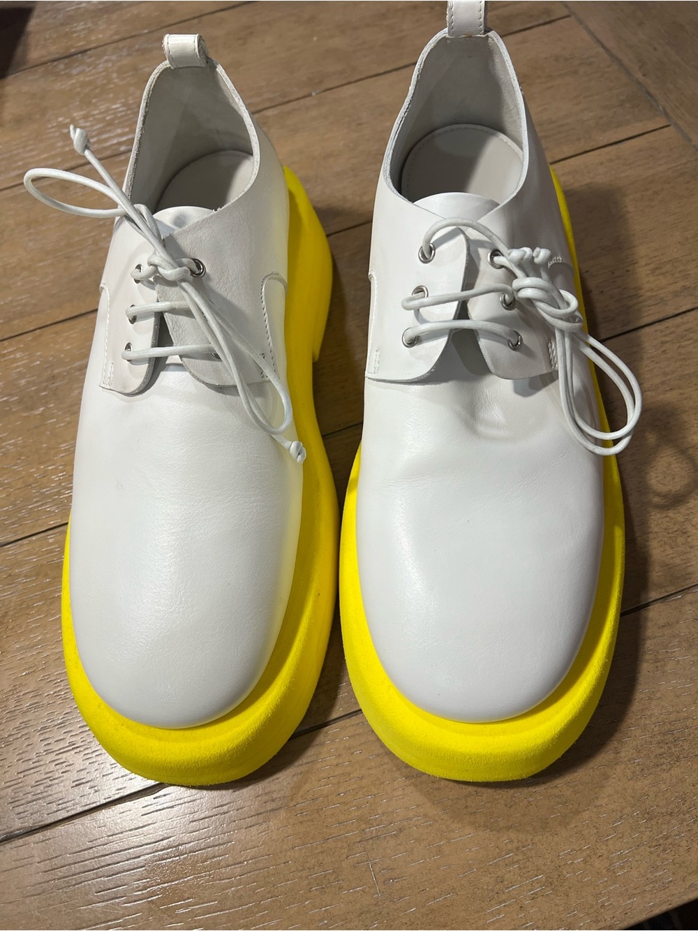 Marsell White Leather Lace-Up Shoes with Bright Yellow Platform Soles -MSRP $368
